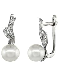 14k Gold Ribbon Pearl Earrings w/ 0.06 Carat Brilliant Cut ( H-I Color; VS2-SI1 Clarity ) Diamonds & 9mm White Pearls, 7/8 in. (22mm) tall