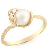 10k Solid Yellow Gold CZ & Freshwater Pearl Beautiful Promise Ring Jewelry