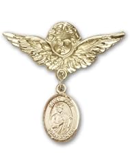 14K Gold Baby Badge with St. Jude Thaddeus Charm and Angel with Wings Badge Pin