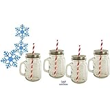 Vintage Styled Lidded Mason Drinking Jars - Glass Mugs With Straw Set - Bonus Iced Tea and Lemonade Recipes - Serve Ice Cold Drinks The Old Fashioned Way - Gift Boxed Set of 4 16 oz Glasses