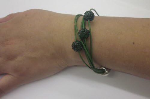 Green Multi Strand Leather Bracelet with Forest Green Pave Crystal Disco Balls. Magnetic Easy Closure. 8 Inch Length