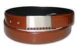 Light Brown/Cognac Leather Belt Smooth Wide 35mm Rectangular Squares Overlapping Snap Silver Buckle