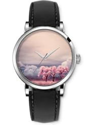 SPRAWL Aanalog Fashion Series Silver Ladies Watches of Genuine Black Leather Strap,Unique Wrist Watch for Women Girls Designed with Peach Tree