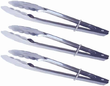 Set of 3 Stainless Steel Food Service Tongs with Sliding Rings. Quality Construction (9 INCH)