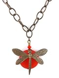 Glass, Crystal and Brass Necklace Vintage Style Antique Orange Dragonfly
