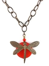 Glass, Crystal and Brass Necklace Vintage Style Antique Orange Dragonfly