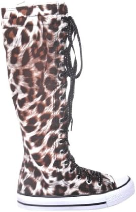 NEW Canvas Sneakers Flat Tall Punk Skate Shoes Lace up Knee High Boots FOR KIDS (3, b/brown/leopard)