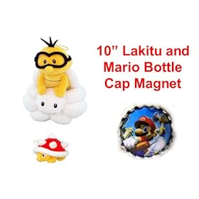 Hard to Find Super Mario Brothers Video Game Icon 10 inch Lakitu Spiny High Quality Plush Doll and Unique Mario Bottle Cap Magnet