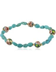 Gold Plated Sterling Silver Spacer Beads, Stabilized Chinese Turquoise Nugget and Cloisonne Bead Stretch Bracelet, 7.5"