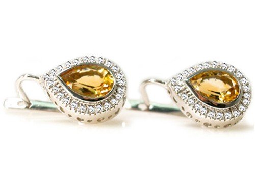 18K White Gold Earrings Enhanced with Citrine and Surrounded by Diamond Accents