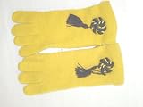 G319y, Hand Trimmed Light Yellow Angora Gloves with Black and White Braid and Tassle for Women and Teens.