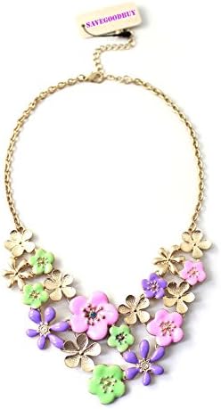 SaveGoodBuy® Colorful Enameled Flower Blooming Fashion Statement Necklace (Violet Pink Green)