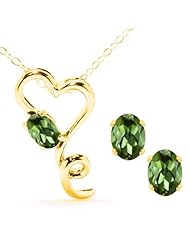 2.10 Ct Oval Green Tourmaline 14K Yellow Gold Pendant Earrings Set