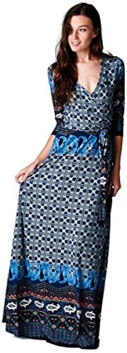 Lush Moda Maxi Wrap Dress Multi Color Paisley Border Long Sleeve Blue Large