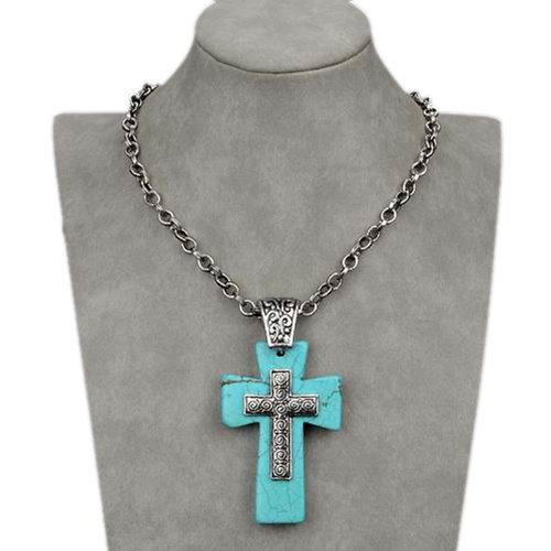 Hot VTG Tibet Silver Turquoise Holy Cross Bib Chain Pendant Necklace