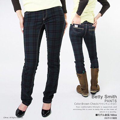 （ベティ・スミス）Betty Smith パープルチェックストレッチタイトストレートパンツ
