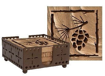 Set of Four Etched Pine Cone Coasters with holder - Style WIMPE0010