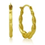 14K Yellow Gold Swirl Design Oval Small Hoop Earrings