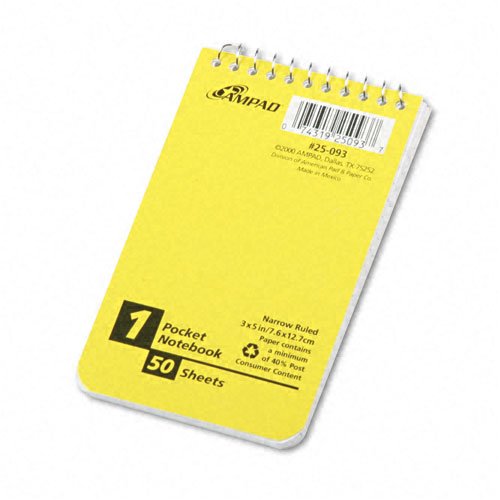 Ampad : Wirebound Pocket Memo Book, College/Narrow Rule, 3 x 5, White, 50 Sheets per Pad -:- Sold as 2 Packs of - 1 - / - Total of 2 Each