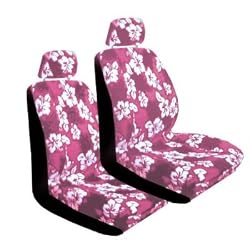 - Set of 2 Universal-fit Hawaiian Hibiscus Floral Print Low Back Front Bucket Seat Cover with Separate Headrest Cover - Pink