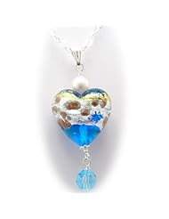 Aqua Murano Glass Heart Pendant Sterling Silver Flat Diamond Chain Necklace 30 inch