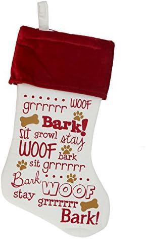 18" Off-White, Red and Brown Screen Printed Dog Themed Velvet Cuffed Christmas Stocking