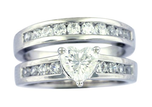 Platinum Overlay Sterling Silver Cubic Zirconia Heart Shaped and Round Bridal Ring Set