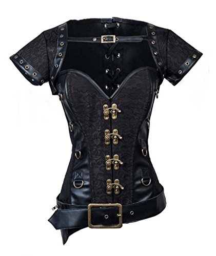 Charmian Women's Spiral Steel Boned Steampunk Retro Brocade and Leather Overbust Corset with Jacket and Belt Black Small