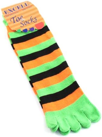 One Size Fits All Universal Comfort Soft Stretch Striped Toe Socks (Orange Green & Black)