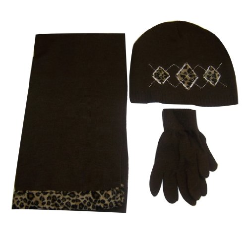 Ladies Knit Hat, Scarf and Glove Set with Argyle Design