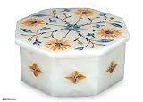 Marble inlay jewelry box, 'Sunflower Compass' 4.1 W 4.1 L