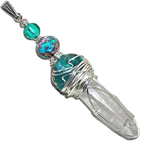 Gem Silica Chrysocolla & Lemurian Quartz Crystal Wire Wrap Pendant in Sterling By Puppylove