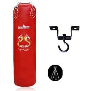 Kickboxing Rexion Punch Bag Filled With Free Chrome Plated Chain And Heavy Duty Metal Punchbag Ceiling Hook With Complete Fitting Artificial Leather Red 3 Feet