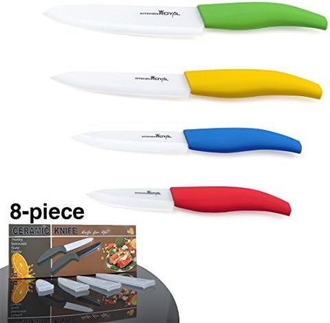 Kitchen 8-Piece Premium Ceramic Knife Set - 4 Color Kitchen Knives with White Sheaths in Gift Box (6" Chef's, 5" Utility, 4" Paring, 3" Fruit Knife)