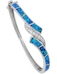 Sterling Silver Bangle Bracelet Synthetic Opal Inlay with High Quality Cubic Zirconia Stones 9/16 inch wide