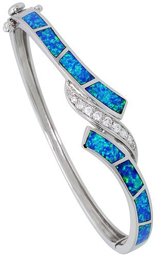 9/16" (15mm) wide, Synthetic Opal 7" Bangle Bracelet in Sterling Silver, Rhodium Plated w/ 9 High Quality Cubic Zirconia Stones 9/16" (15mm) wide, Synthetic Opal 7" Bangle Bracelet in Sterling Silver, Rhodium Plated w/ 9 High Quality Cubic Zirconia Stones