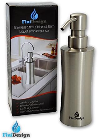 FluiDesign Liquid Soap Pump Dispenser for Kitchen and Bathroom Countertops Features Rust-Proof Brushed Stainless Steel and Precision Balance for 1-Handed Use