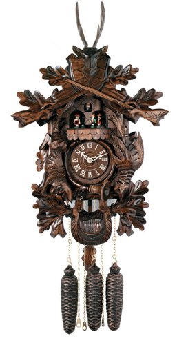 River City Clocks MD847-24 Eight Day Musical Hunter'S Cuckoo Clock with Dancers, Hand-Carved Animals, Leaves, And Buck, 24-Inch Tall
