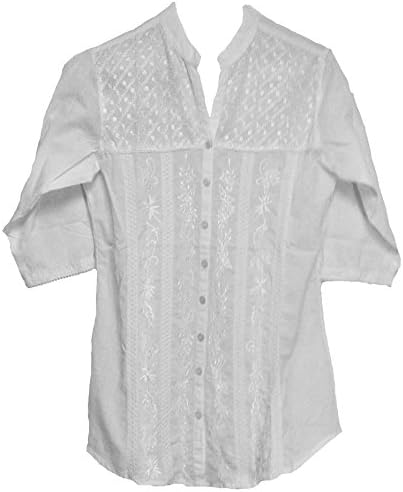 Womens Cotton Hand Embroidered Mandarin Collar Tunic Top Blouse (Large)