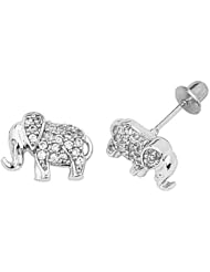 .925 Sterling Silver Rhodium Plated 7mm(H) x 10mm(W) CZ Elephant Children Stud Earrings with Screw-back