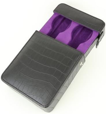 Wilouby Men's Black Croco Leather Travel Dual Watch Box with Purple Suede Interior