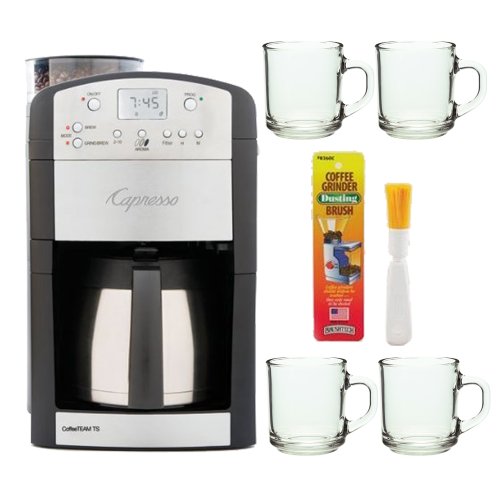 Capresso 465 CoffeeTeam TS 10-Cup Digital Coffeemaker with Brushtec Coffee Grinder Dusting Brush and Four 10z ARC Handy Glass Mugs