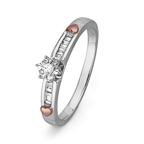 10KT White Gold with Pink Heart Baguette and Round Diamond Promise Ring (1/10 cttw)