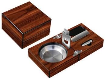 High Gloss Walnut Folding Ashtray Set w/ Accessories. Include Guillotine Cutter, Punch Cutter, Cigar Bed, Stainless Ash Reservoir (4-3/4 W x 4-3/4 D x 3 H)