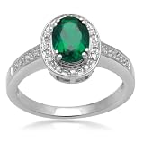 Jewelili Created Oval Emerald and Diamond Ring in Sterling Silver, Ring Sz 7