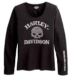 Harley Davidson Women's Long Sleeve Skull Tee Shirt--NEW for 2009. Print graphics with heat-transfer rhinestone embellishment on front, right sleeve, and print graphics on back neck. 94% cotton, 6% spandex jersey. 99081-09VW