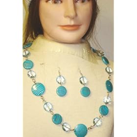 Stripped Blue Circular Clear Beads Silver Plated Medium Chain Necklace Earrings