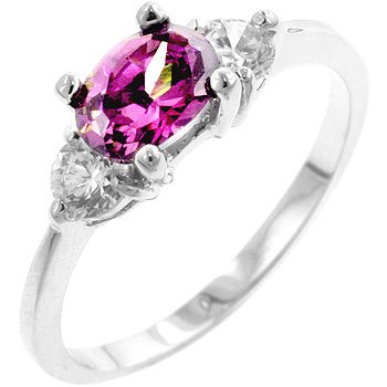 White Gold Rhodium Bonded Ring with Oval Pink Ice Center and CZs on the Shoulder in Prong Set - Size: 5-10