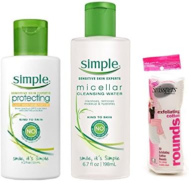 Simple Cleansing Water Micellar with Moisturizer SPF15, Protecting Light and Exfoliating Cotton Rounds Bundle