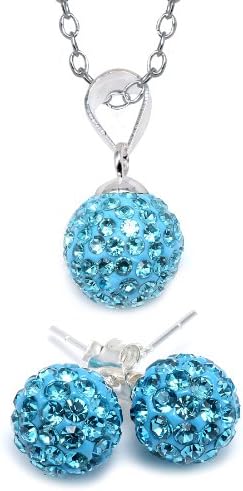 Sterling Silver Aqua Blue Crystals Ball Pendant & 8mm Stud Earrings Set